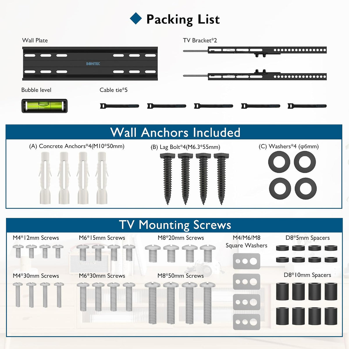 BONTEC TV Wall Bracket, Tilting TV Wall Mount for 23-60 Inch TVs, 45 kg
