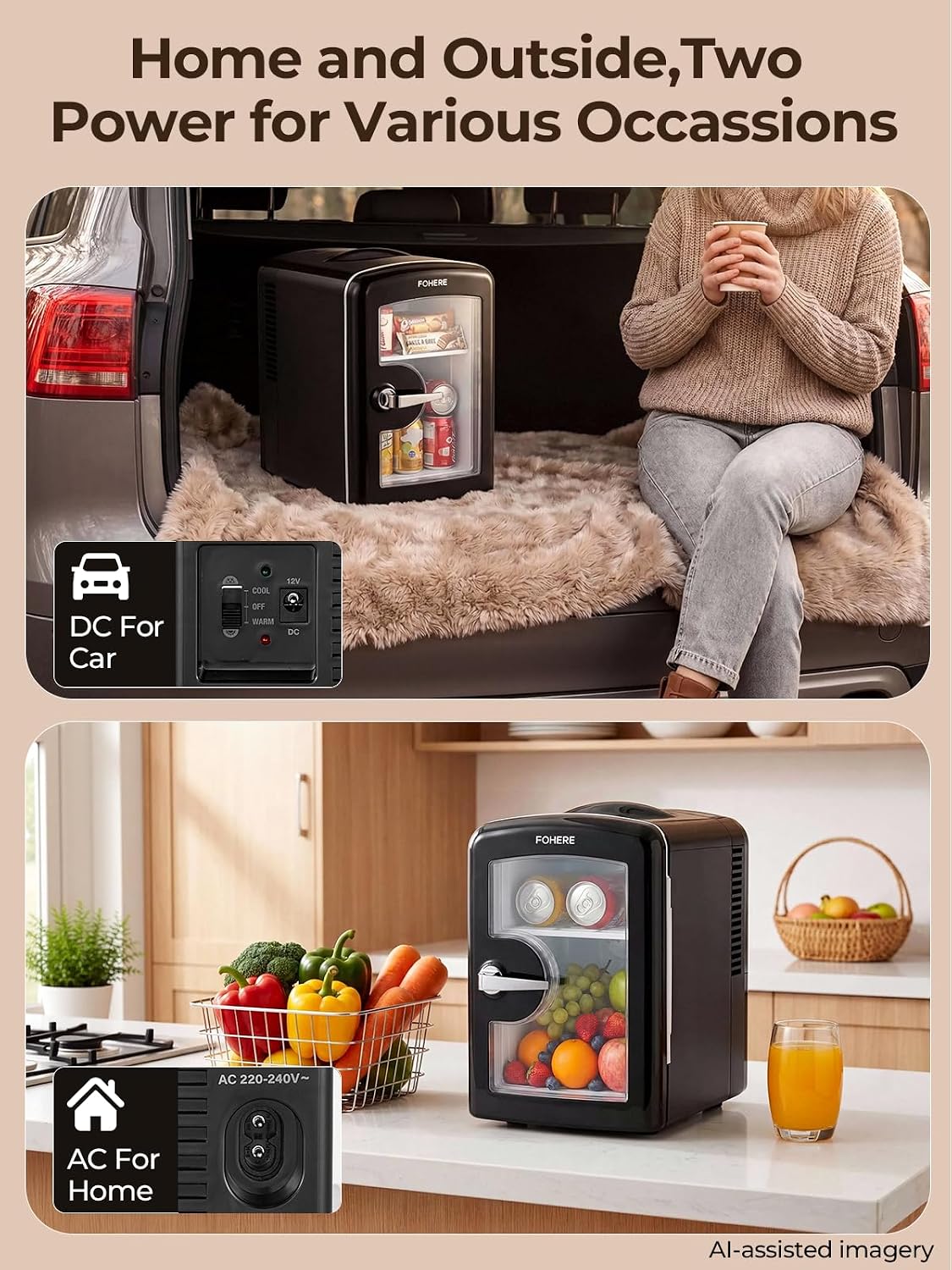 FOHERE Mini Fridge 4L, Portable 220V AC/12V DC Cooler & Warmer, Black