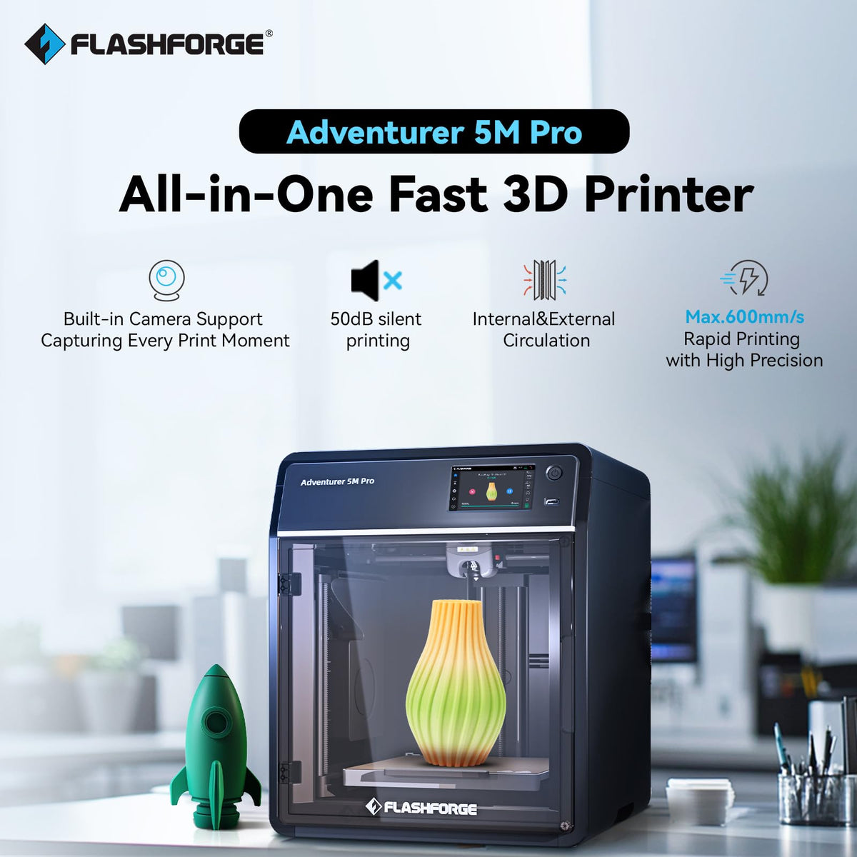Flashforge Adventurer 5X 3D Printer with Multi-Color Printing,Customize with IFS,AD5X Multi-Material/Full-auto leveling 3D Printer,Max Speed: 600mm/s,Auto 4kg Filament Refill,Compact Integrated Design