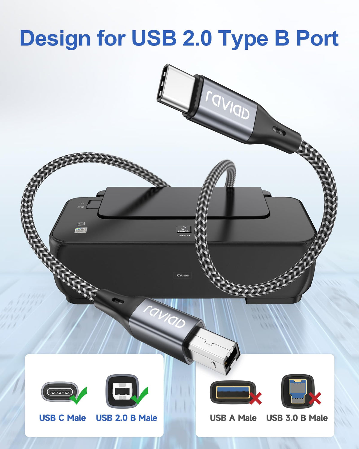 RAVIAD USB Printer Cable 2M, USB 2.0 Type A Male to B Male Nylon Braided