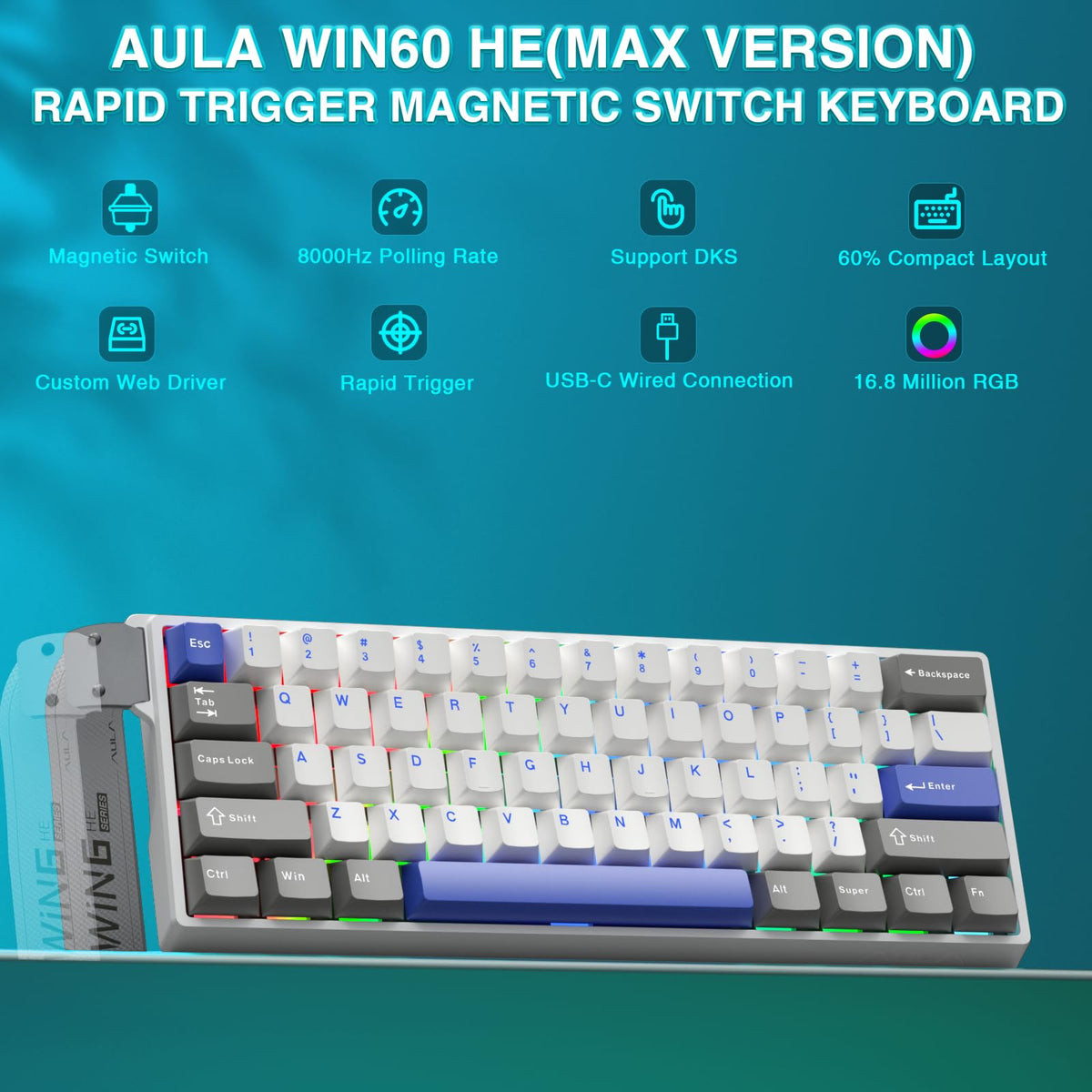 AULA WIN60 HE Mechanical Gaming Keyboard Wired,Hall Effect Magnetic Switches,Adjustable Actuation Rapid Trigger,8K Polling Rate,RGB Backlight,60% Percent Keyboard for Mac/Win (BLACK) (Pack of 2)