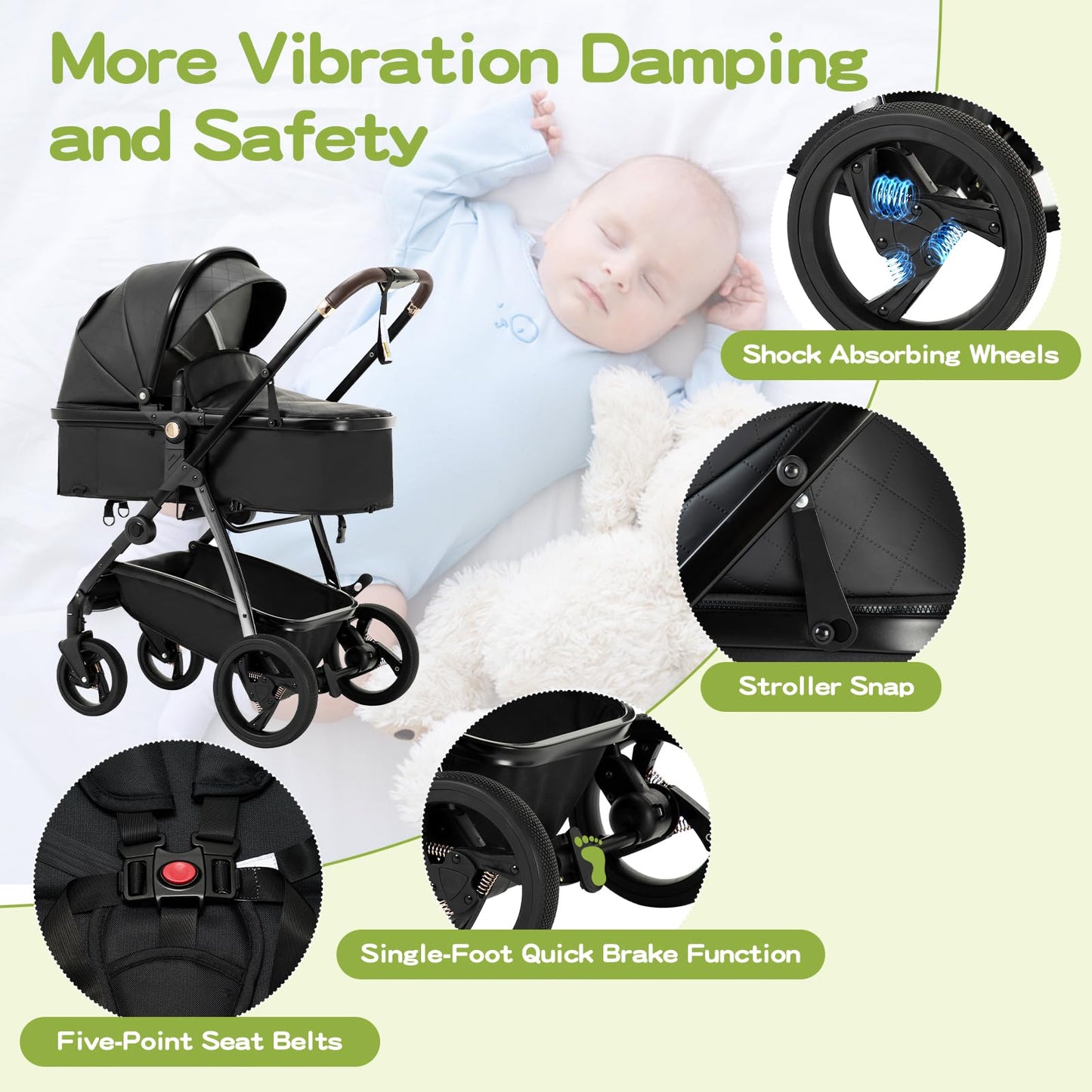 Baby Stroller 3 in 1,Travel Pushchair's Lie-Flat Pram is Foldable, Stroller System Handle is Adjustable, The Wheels are Made of PU Material, Suitable for 0-3 Years-Khaki
