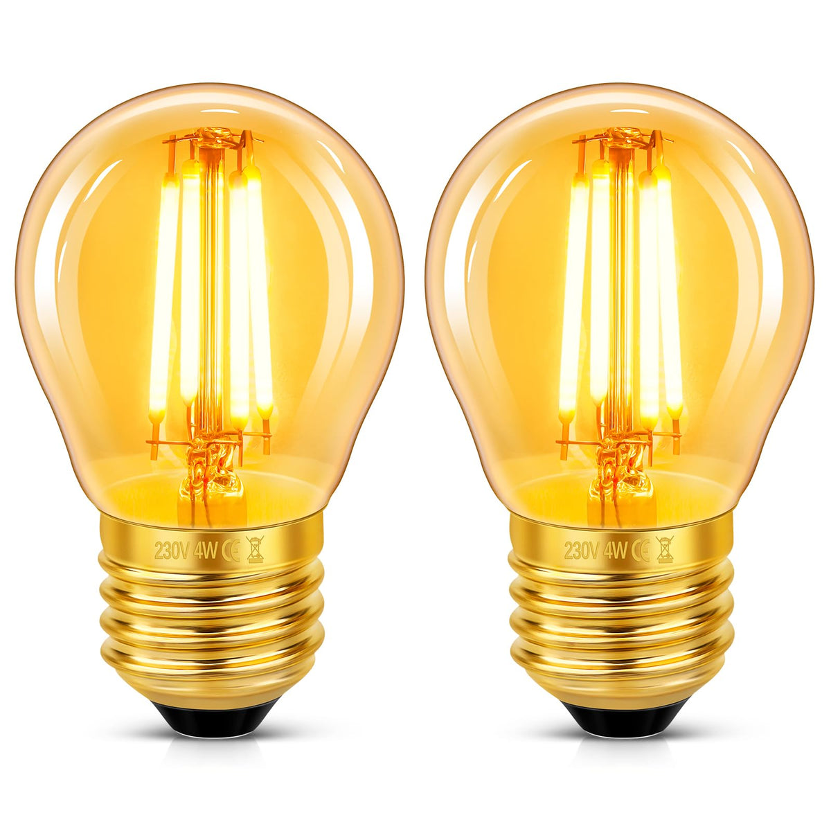 Caldarax Vintage Light Bulb E27 Edison Screw Bulb, 2W LED Filament Equivalent 20 Watt, Antique Style Retro Amber Glass 2200K Warm White, 200LM, AC 220V, Non-dimmable, Golf Ball G45 Bulb, 2 Packs