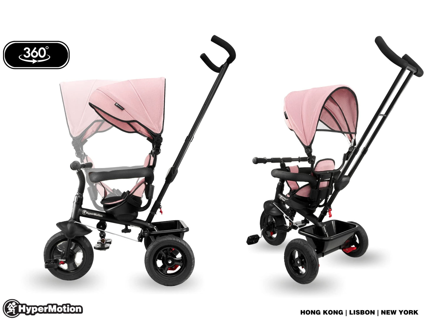 HyperMotion Toddler Tricycle with Parent Handle, Canopy, Safety Belt & Basket — From 12 Months