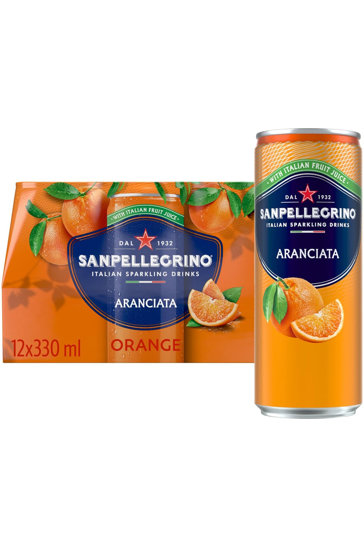 San Pellegrino Italian Sparkling Drinks Tastefully Light Sparkling Orange Canned Soft Drink 12 x 330ml | 64k Cals per Can (Pack of 2)