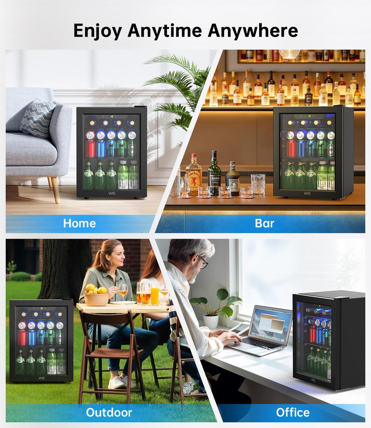 WIE 48L Drinks Fridge with Glass Door, Beer Fridge for 68 Cans or 12 Wine Bottles, Mini Fridge 4-16°C Touch Control, Quiet Beverage Refrigerators with LED Light, Reversible Door for Home, Bar, Office