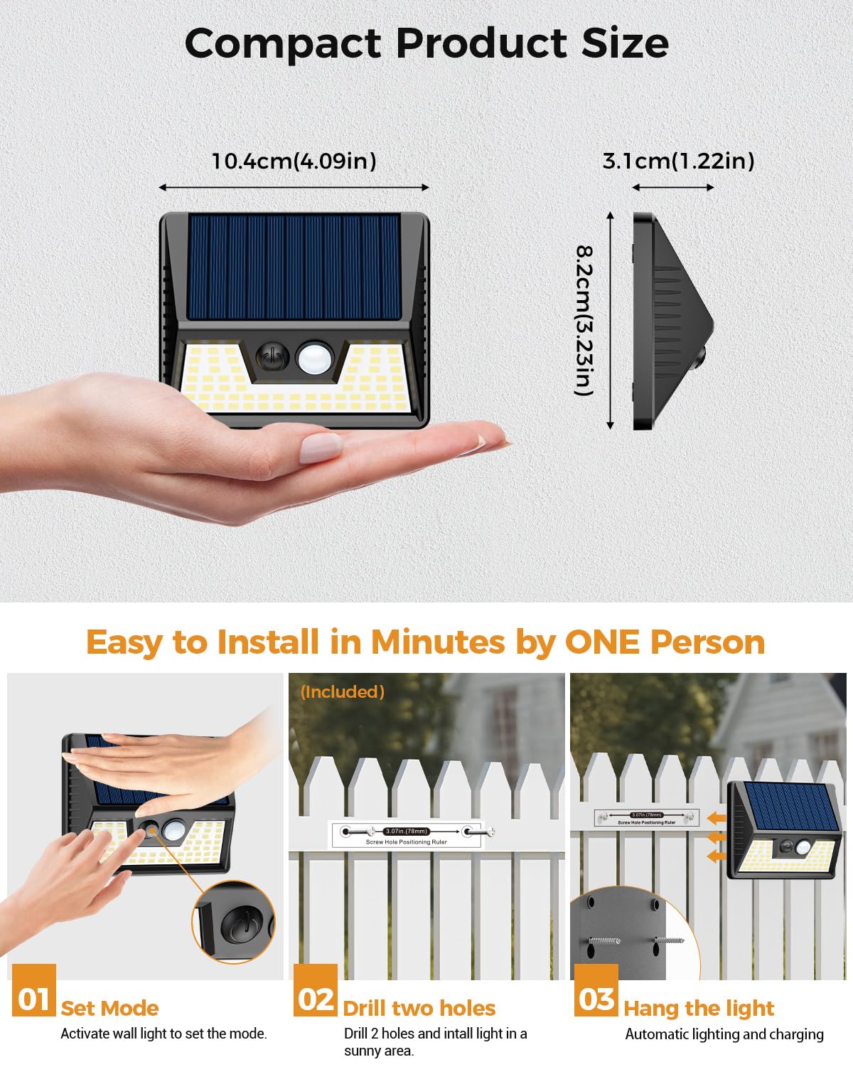 vighep Solar Security Lights Outdoor Motion Sensor, White 318LED Led Solar Powered Light with 3 Lighting Modes, IP65 Waterproof Wireless Pir Wall Light for Outside Garden Fence Yard-Warm White