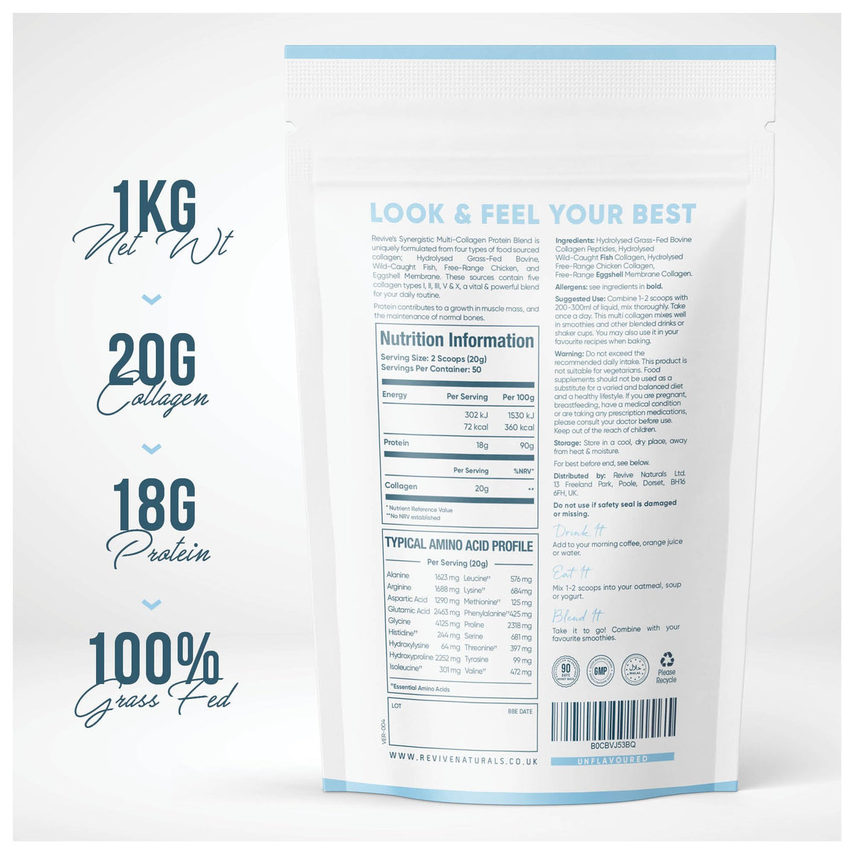 Multi Collagen Protein Powder 400g - Types I, II, III, V & X - Hydrolyzed Grass Fed Bovine, Wild Caught Fish, & Free-Range Chicken & Eggshell Collagen by Revive Naturals