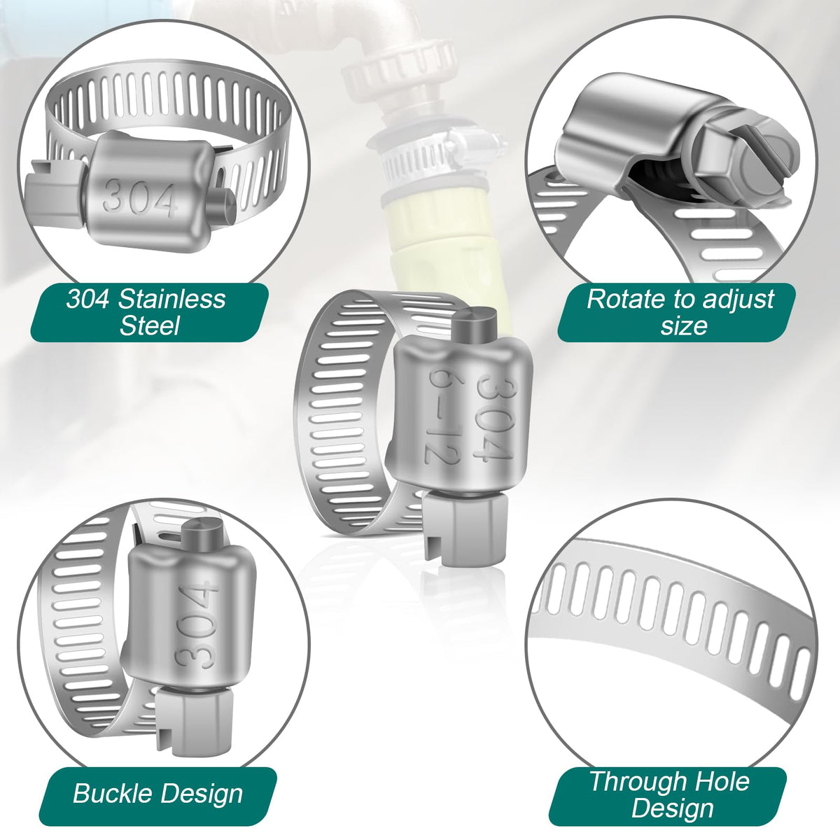 Hose Clips 141-165mm, 4 Pcs Hose Pipe Clips Stainless Steel 304