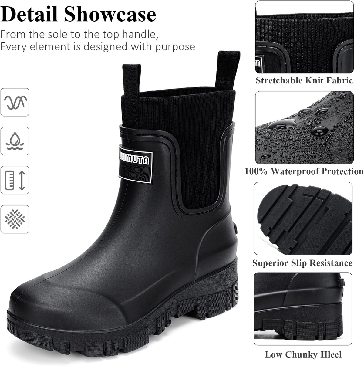 FOGOIN Women Chelsea Rain Boots Mid-Calf Waterproof Lightweight Non-Slip Garden Booties Warm Lined Comfortable Slip On