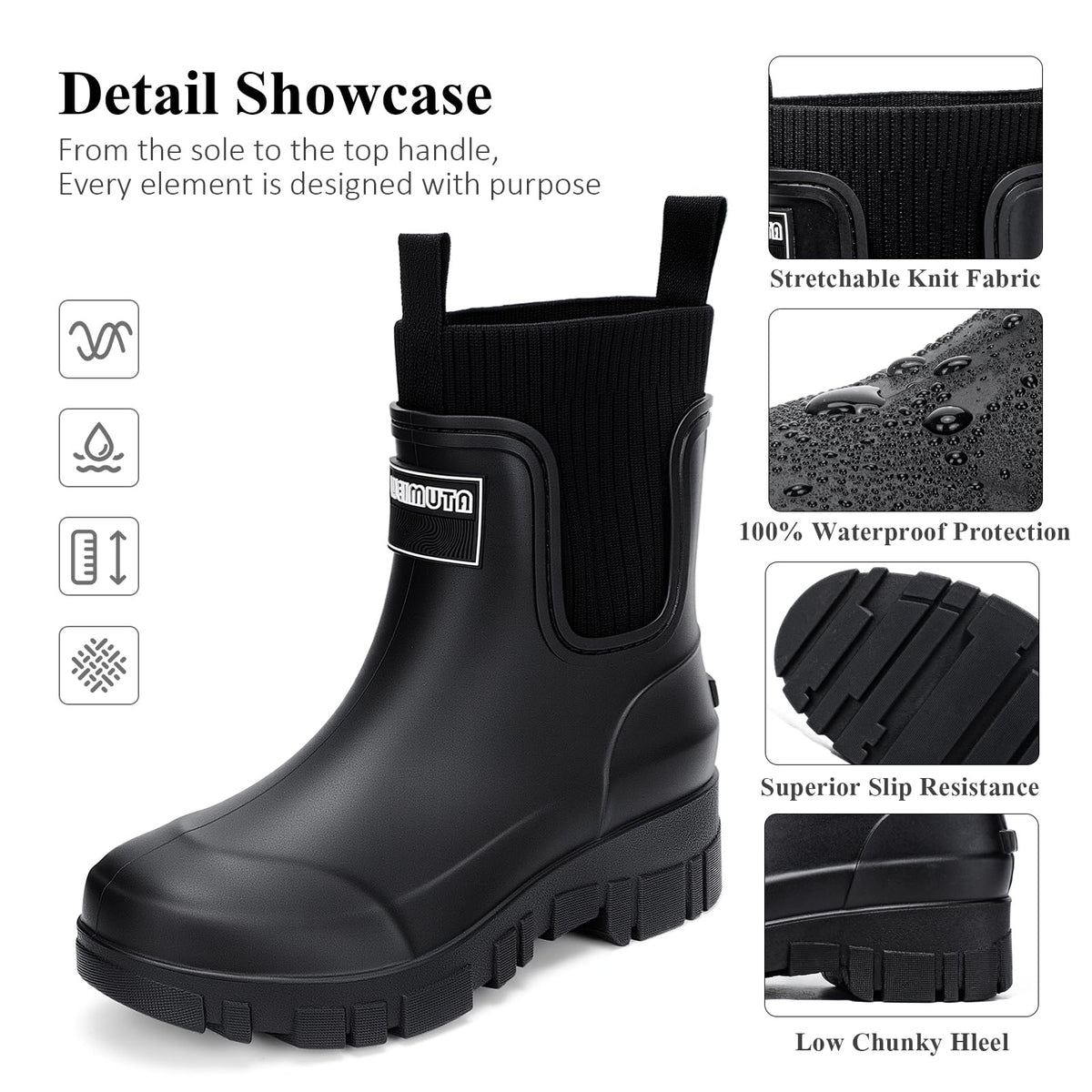 FOGOIN Women Chelsea Rain Boots Mid-Calf Waterproof Lightweight Non-Slip Garden Booties Warm Lined Comfortable Slip On