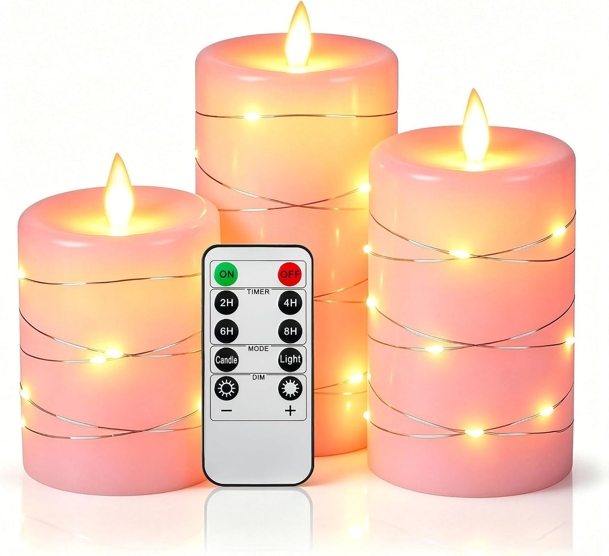 Da by 3 Pack Ivory Flameless LED Candles with Fairy Lights, Realistic Moving Flame Paraffin Wax Candles, Remote Control, Soft Warm Light, 8cm D x 12.5/14.5/16.5cm H, Indoor Wedding Home Decor