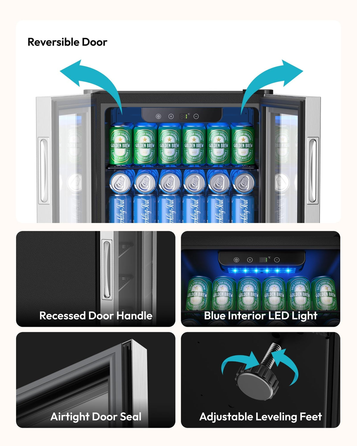 EUHOMY Beer Fridge with Glass Door, Mini Drinks Fridge 55 Can, Wine Fridge with Blue LED, Beverage Refrigerators, Removable Shelves for Bar/Home/Office/Dorm, Black, 36 L [Energy Class G]