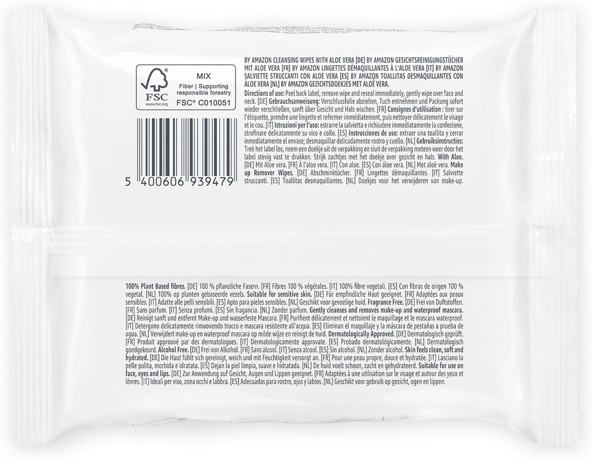 by Amazon Aloe Vera Face Cleansing Wipes, Make-Up Remover for Sensitive Skin, Fragrance Free, 25 Wipes