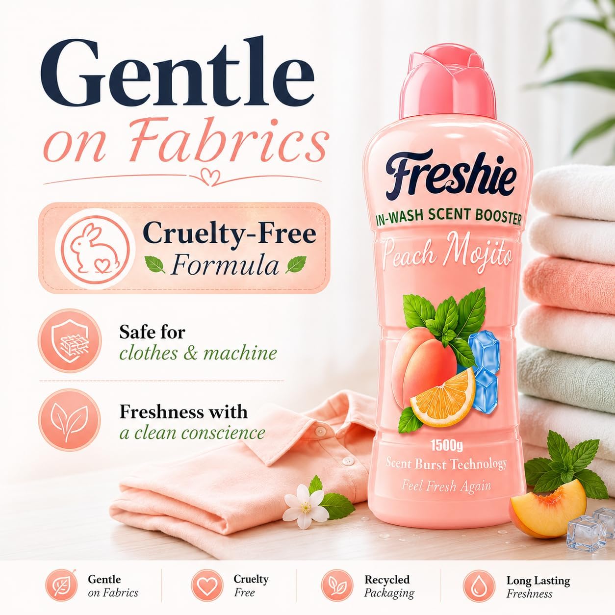 Freshie Scent Booster Laundry Beads 1500g, Peach Mojito Scent, In-Wash Scent Booster for Freshness Long-Lasting Fragrance, Up to 100 Washes, Granules
