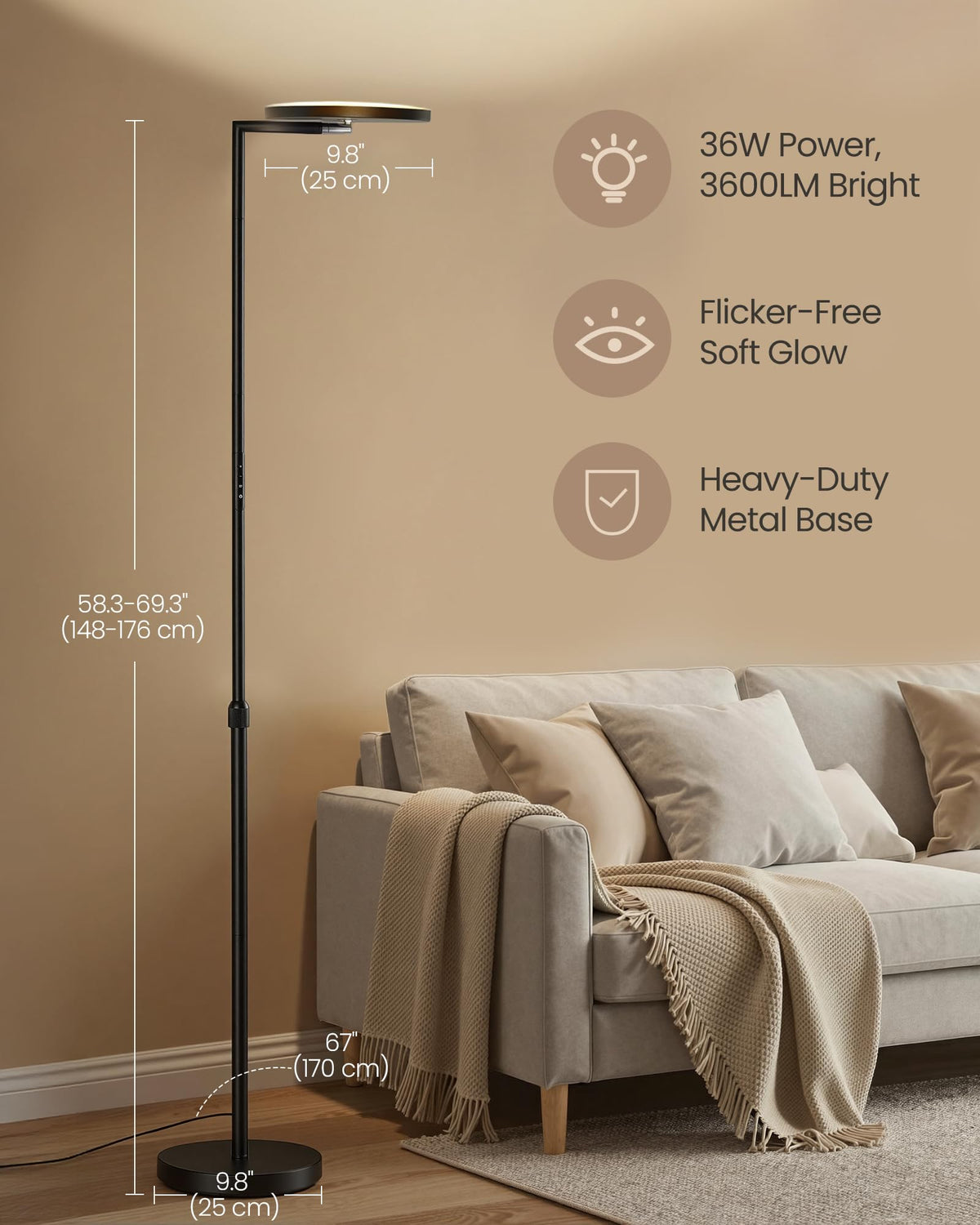 VASAGLE LUSIA LED Floor Lamp, Uplighter, Reading Light, 38.5x23.5x176cm