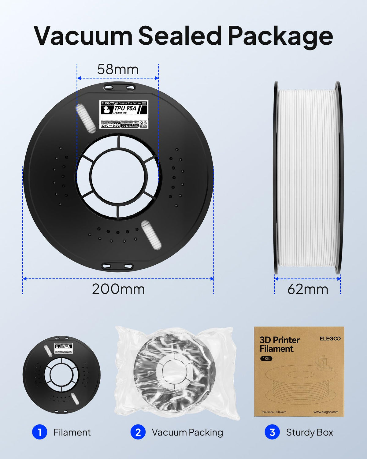 ELEGOO TPU Filament 1.75mm Grey 1KG, 95A Flexible Soft 3D Printing Filament 1KG Spool(2.2lbs) Fits for Most FDM 3D Printers