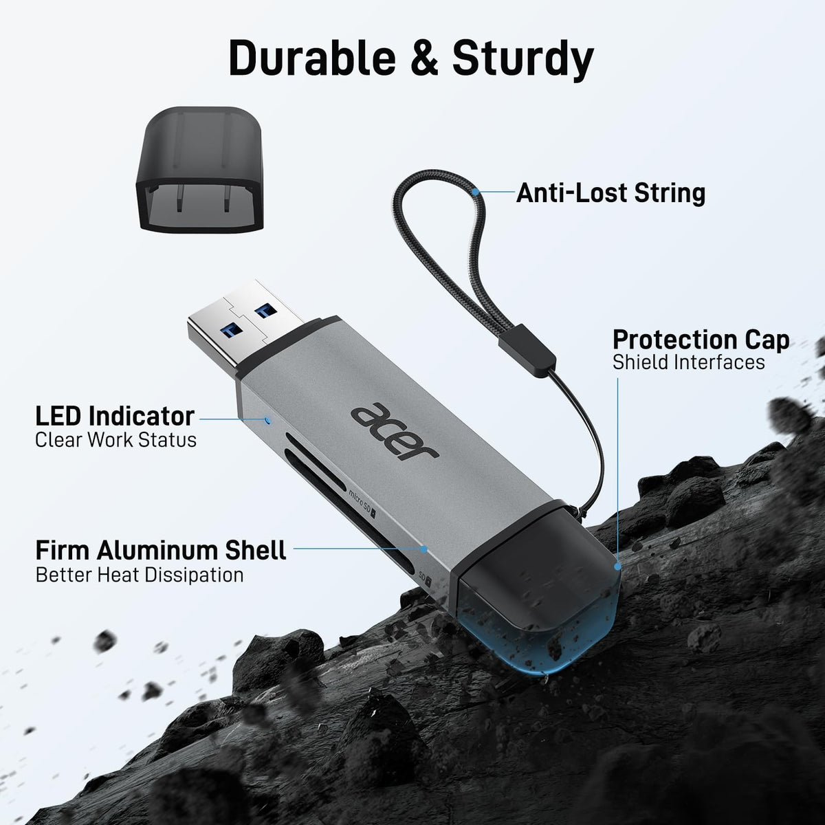 Acer SD Card Reader, USB C & USB 3.0 Memory Card Reader Adapter, Black