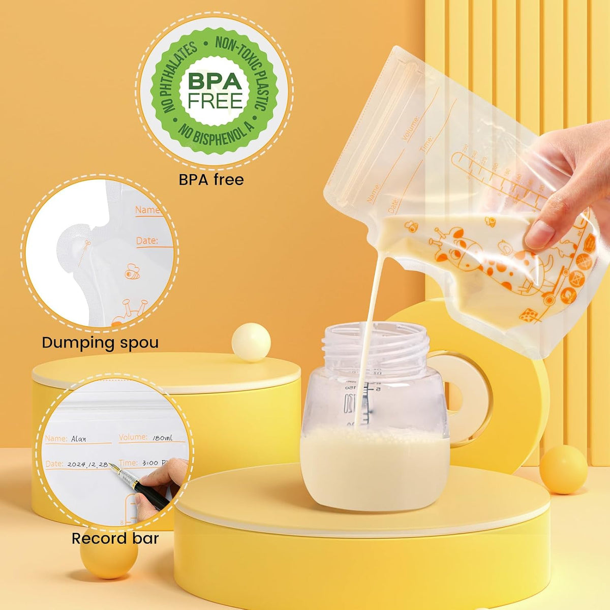 Oderra 250/180ml Breast Milk Storage Bags 50/ 100PCS- Pre-Sterilized Freezer-Safe Breastmilk Bags with Built-In Pour Spout, Double Zip Seal, Hospital Bag Maternity Essentials