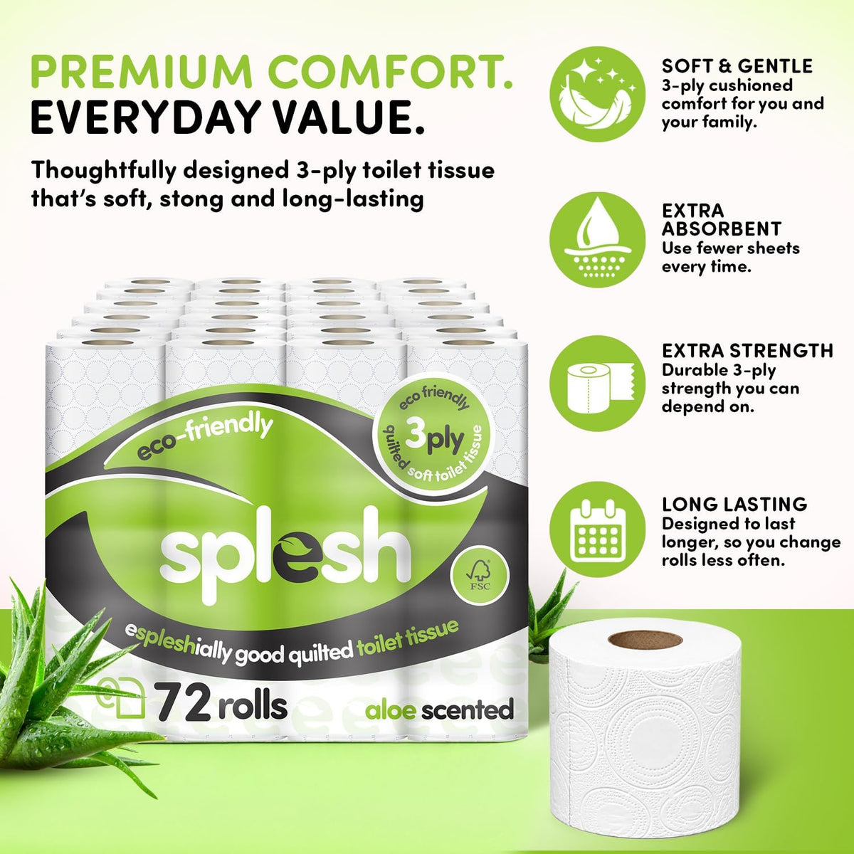 Splesh by Cusheen Toilet Roll 72 Rolls - Aloe Vera Scent Bulk Family Pack | Soft 3 Ply Quilted Bathroom Tissue Loo Rolls | Eco-Friendly, Sustainable Toilet Paper