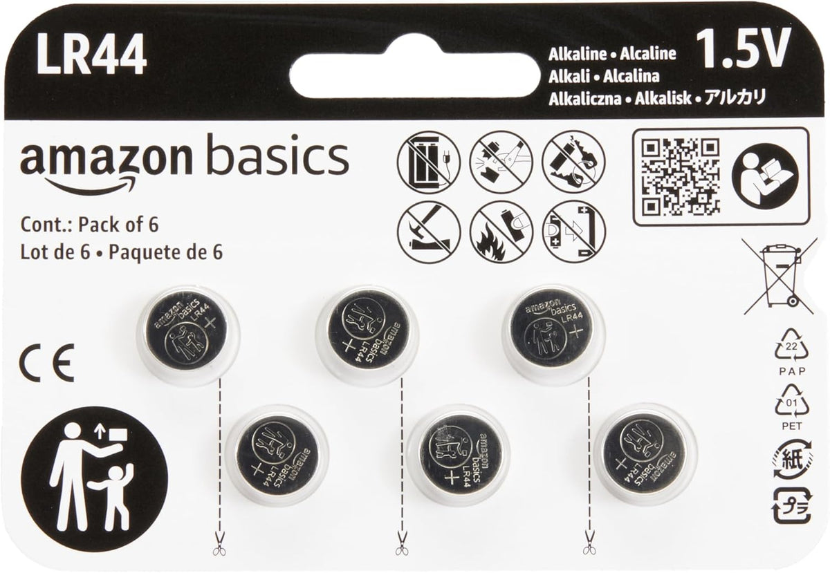 Amazon Basics 6-Pack LR44 Alkaline Button Coin Cell Battery, 1.5 Volt, Long Lasting Power, Mercury-Free,packaging may vary