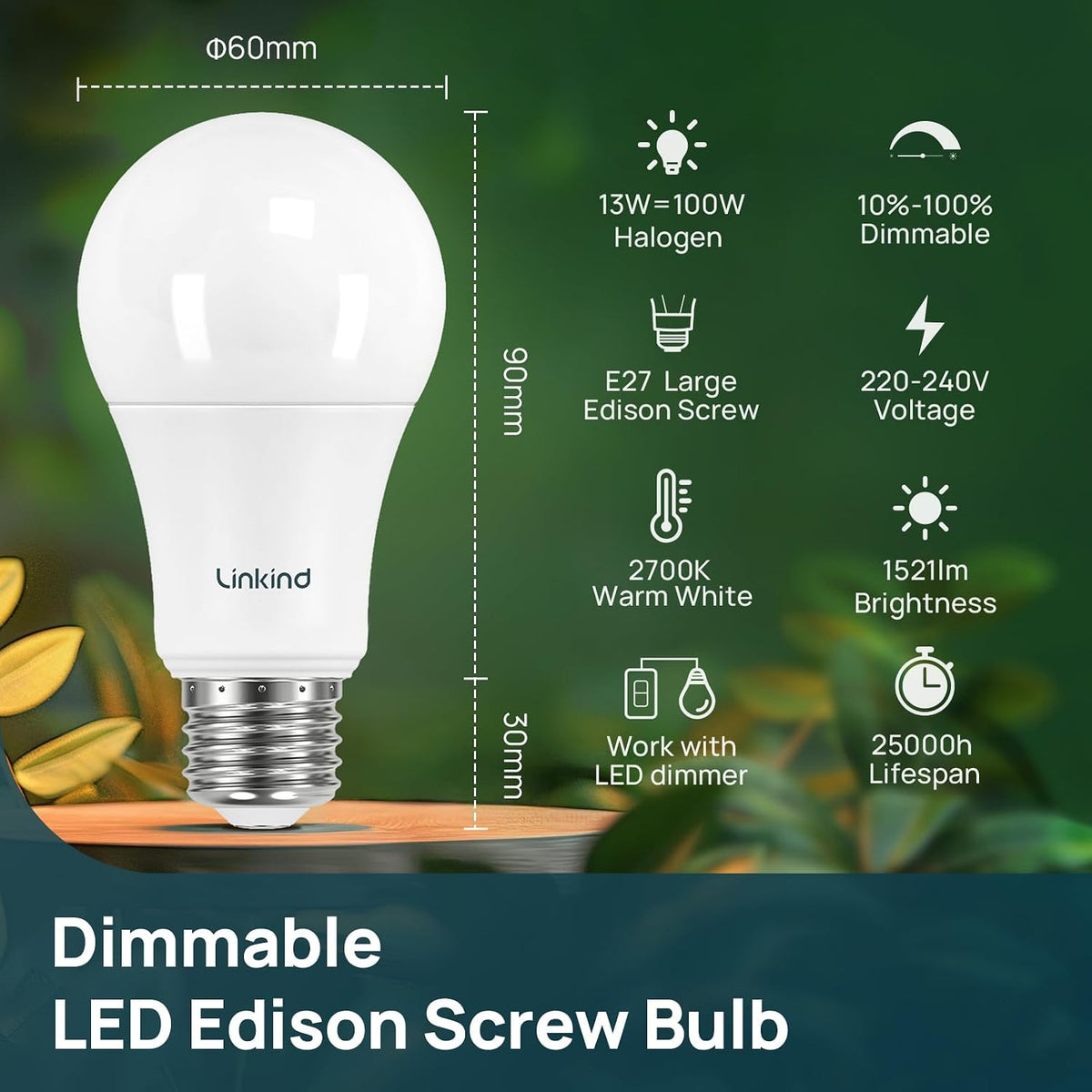 Linkind E27 LED Bulb Dimmable Edison Screw Light, 13W to Replace 100W Bulb, Warm White(2700K) 1521LM A60 Light Bulb, ERP, CE Certified, Frosted, Pack of 3