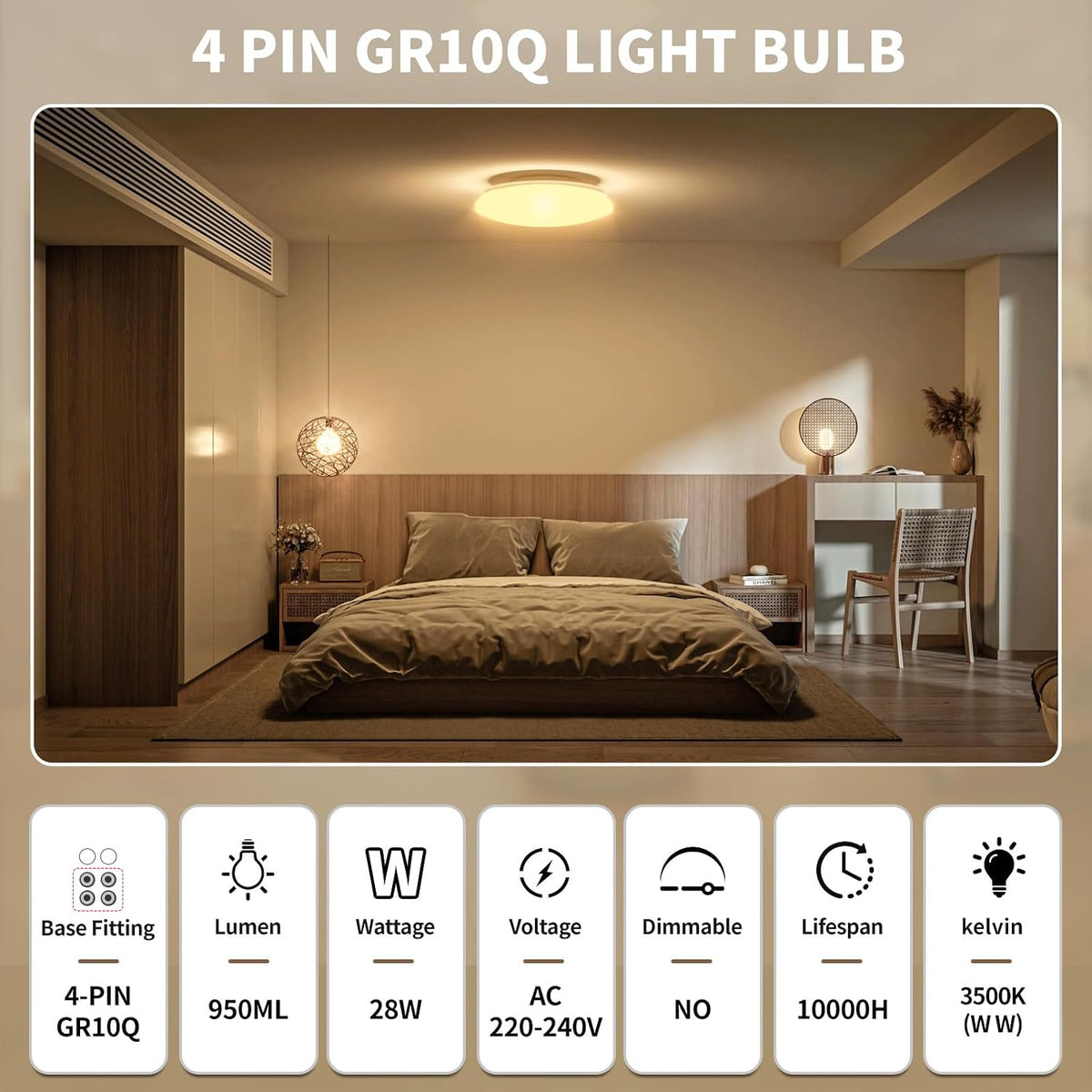 Ddlisu GR10q 4 Pin Light Bulb 28W 3500K Warm White, 1 Pack