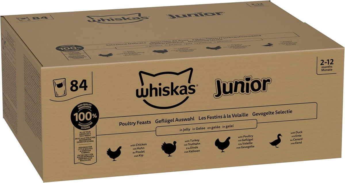 whiskas Junior Poultry Selection in Jelly 84 Pouches, Wet Kitten and Cat Food, Selection of Chicken, Duck, Poultry and Turkey, Megapack (84 x 85 g)