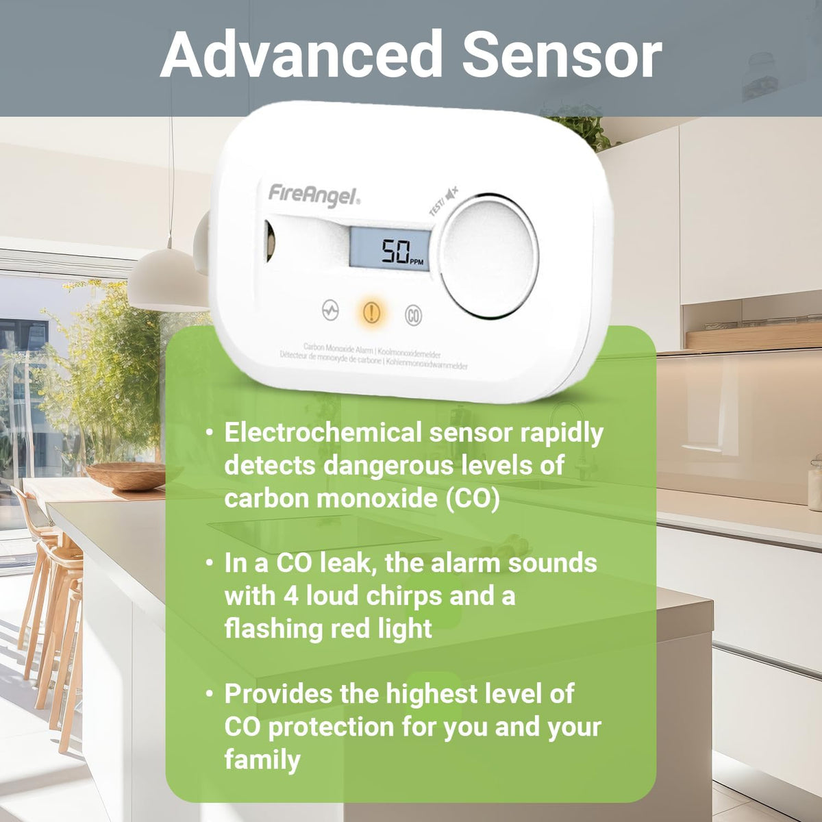 FireAngel FA6812 Digital Carbon Monoxide Detector for Home, 10yr CO Alarm