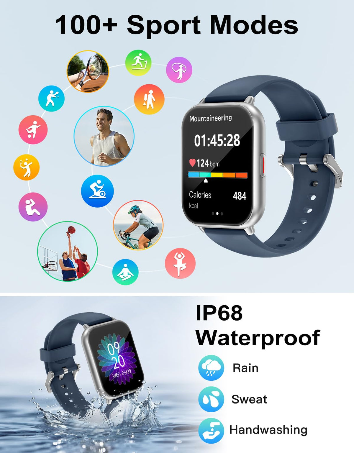 RUIMEN Smart Watch Answer Dial Call,Smart Watches for Women Men 1.85" HD Screen Fitness watch with SpO2 Heart Rate Sleep Monitor Step Counter Waterproof 100+ Sports Mode for Android iOS (2 Bands)