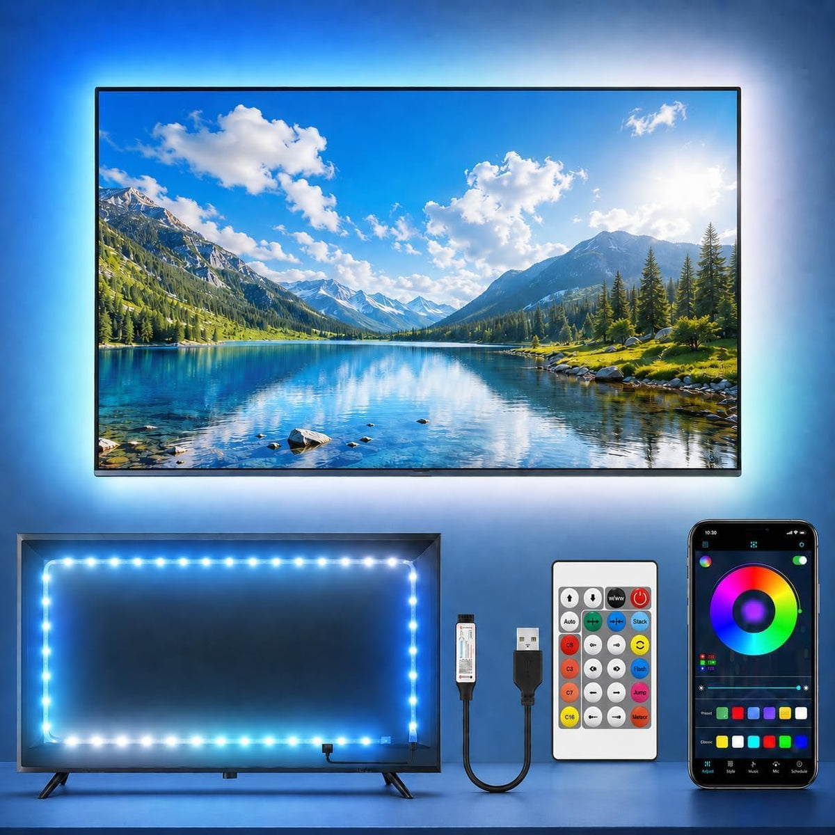 3M TV LED Strip Lights for 30-55 Inch TVs, RGB Colour Changing USB Bias Lighting with Bluetooth App & Music Sync, Remote Control LED Backlight for Home Cinema, Bedroom & Gaming Monitor