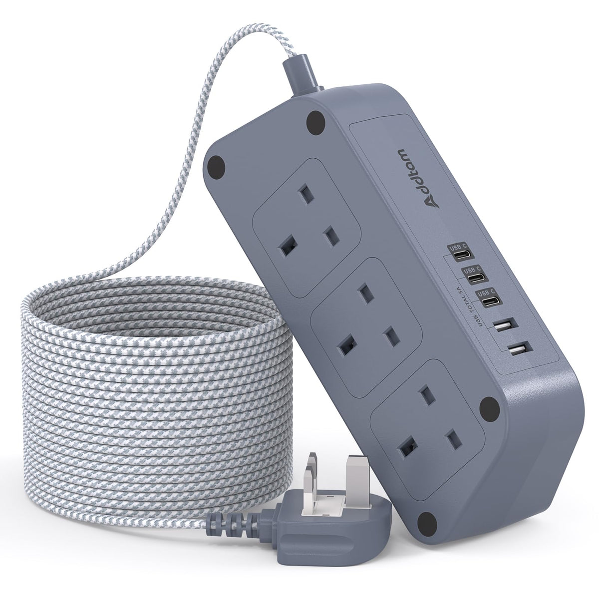 Addtam Extension Lead with USB Slots, 6 Way Outlets 5 USB(5A, 3USB- C Port)