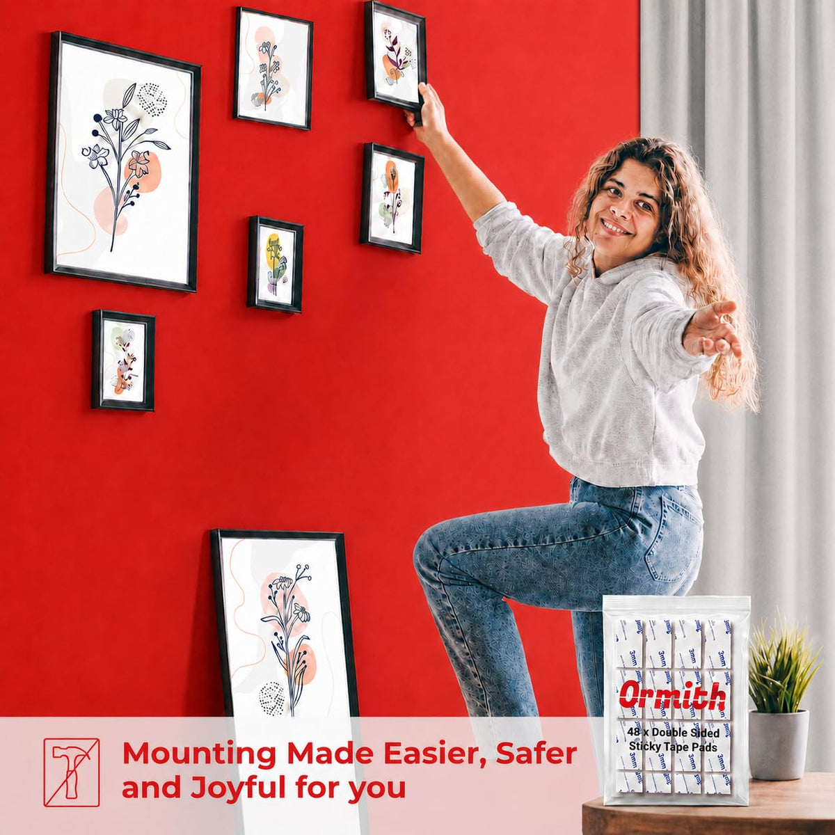 Ormith Double Sided Tape Heavy Duty 48 Pcs | Strong Double Sided Sticky Pads for Outdoor Indoor Wall Mounting | Water Proof Adhesive Strips for Quick Damage-Free Hanging (50 x 30mm)