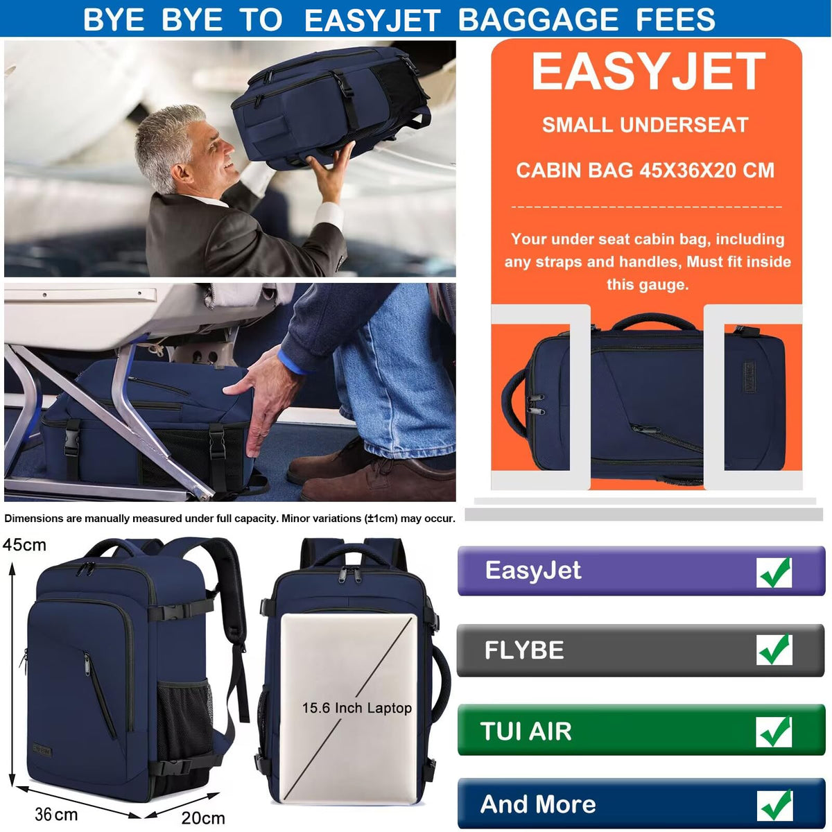 Ryanair Cabin Bags 40x30x20 Underseat 24L Small Travel Backpack Cabin Size