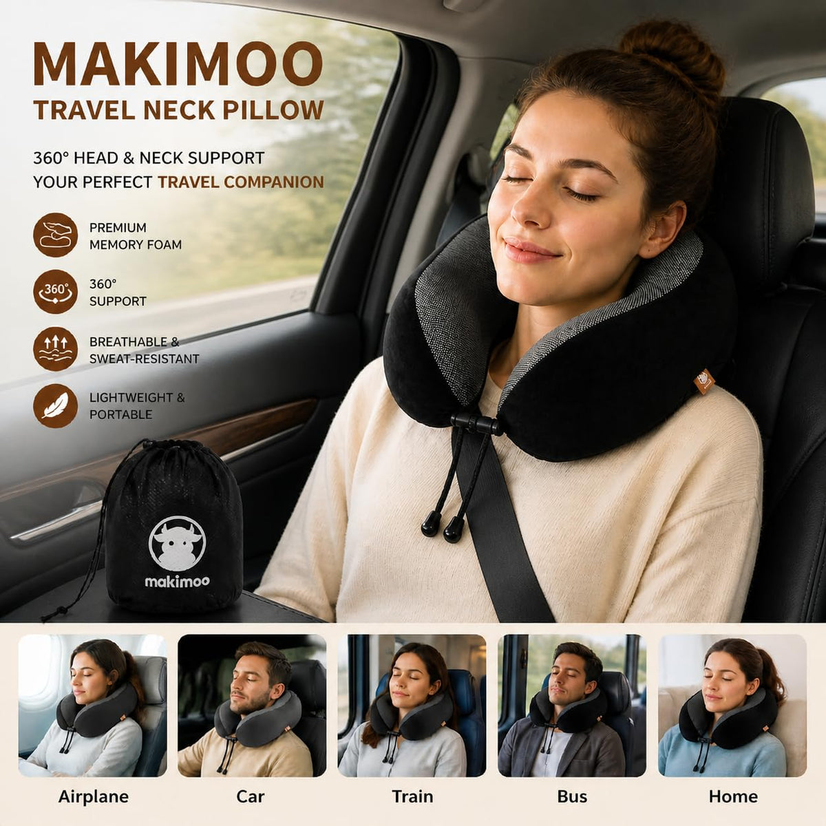 Memory Foam Travel Pillow, Neck Pillow with 360-Degree Head Support, Comfortable and Lightweight, Ideal for Sleeping on Airplane, Car, Train, Bus and Home Use, Comes with Storage Bag (Grey)
