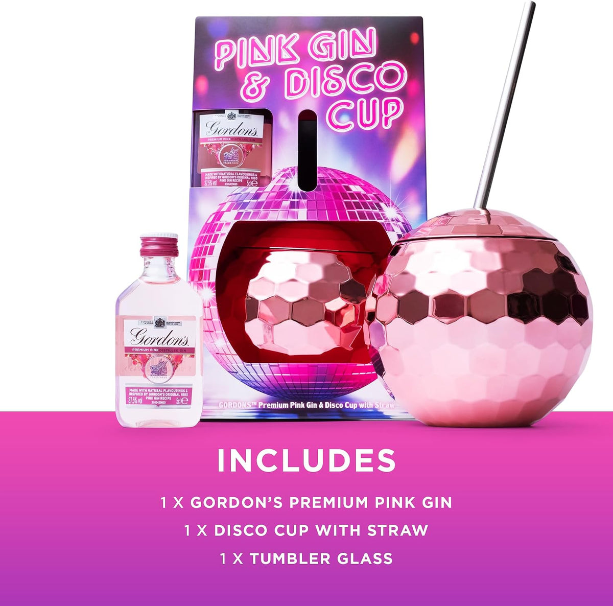 Pink Gin Gift Set, Gordon's Pink, Disco Ball Cup & Metal Straw