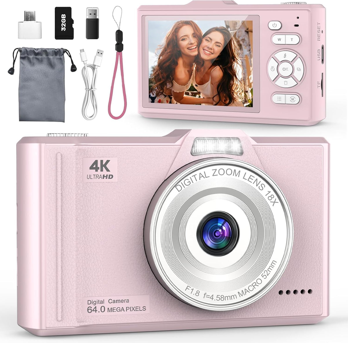 Digital Camera 4K 64MP Portable Vlogging Camera with 32GB SD Card