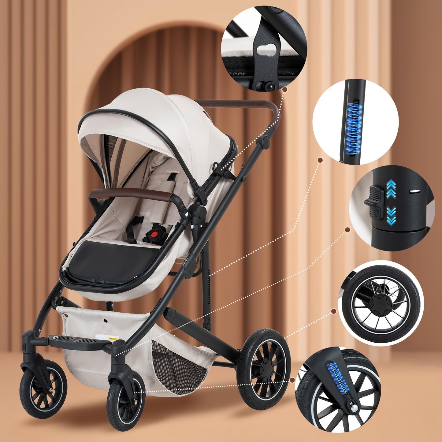 Zkipm Baby Pram 3 in 1, Foldable Baby Stroller,Pram Set Travel with Adjustable-Height Push Handle, Present Rain Cover, Mosquito Net, Bag, Cooling Mat, ect for Ages 0–3