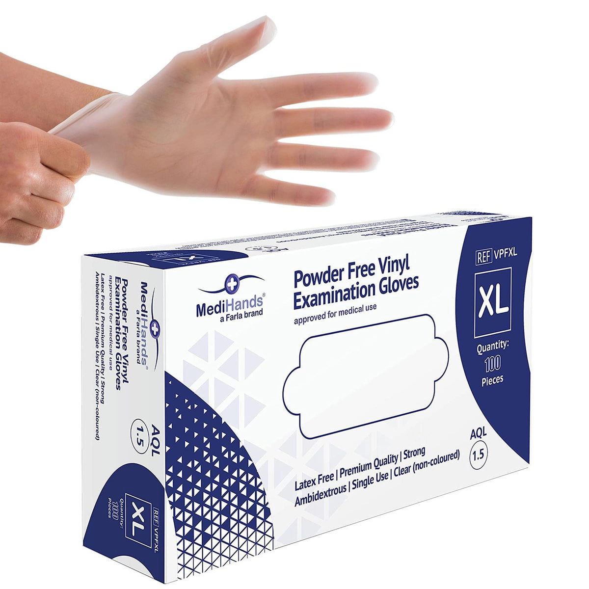 MediHands Vinyl Clear Medium Gloves, Disposable Surgical Gloves, Box of 100, Powder Free, Latex Free, Protein Free, Medical, Food, Multi-Use