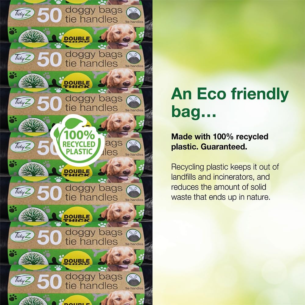 500 TidyZ Dog Poo Bags. Made from 100% Recycled Plastic. Extra Strong, 30 × 36 cm Extra Large Pet Waste Bags. Tie Handles. On a Roll. Unscented. Leakproof. 10 rolls of 50