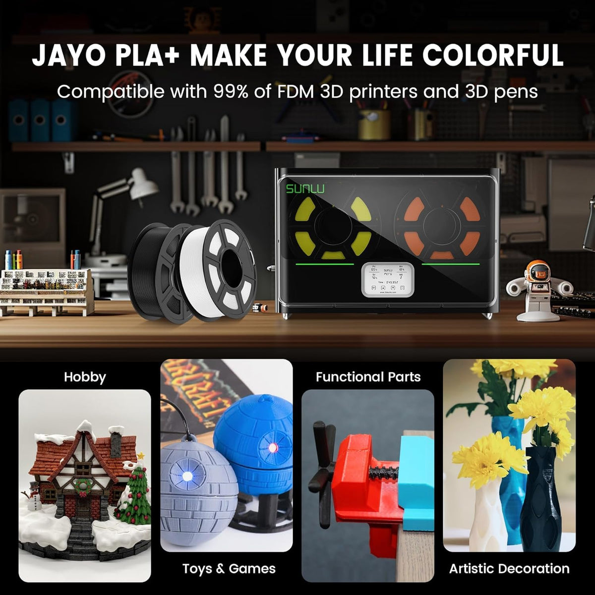 JAYO PLA+ 3D Printing Filament 1.75 mm, 1.1KG (2.4lbs) Spool Black
