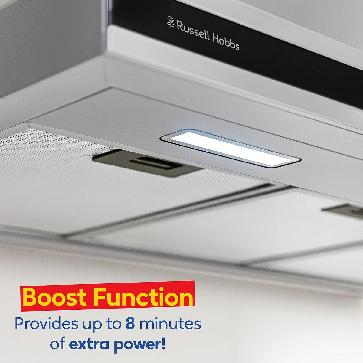 Russell Hobbs 90cm T-Shaped Cooker Hood in Stainless Steel with 3 Speed Settings, 3x Washable Aluminium Filters, Extraction or Recirculation, Boost Function, LED Lights A++ Energy Rating, RHGCH903SS
