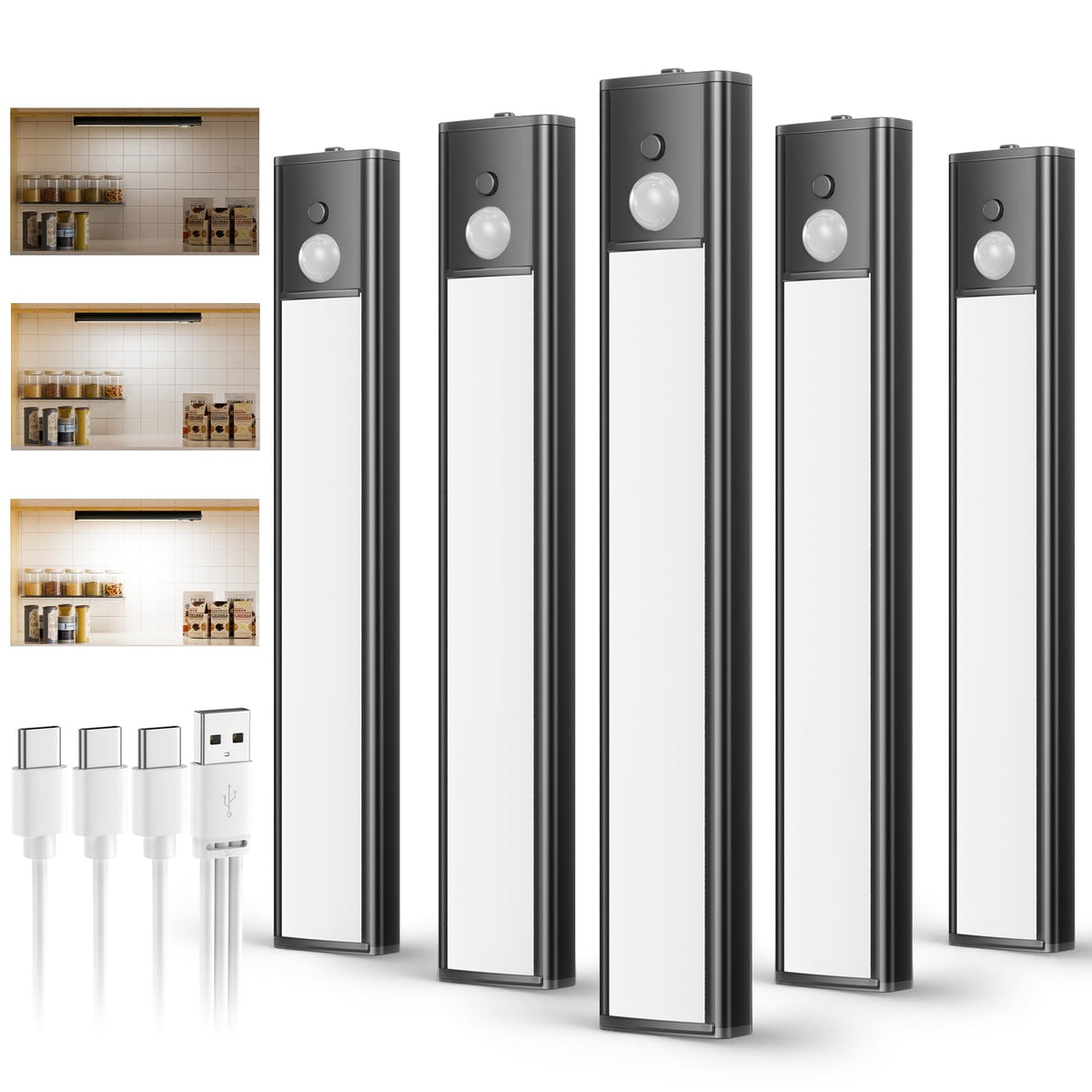 daphomeu 5 Pack Rechargeable Under Cupboard Kitchen Lights, 20CM Dimmable Warm Cabinet Light, LED Motion Sensor Lights Indoor, Magnetic Stick Light for Kitchen Shelf Stairs Wardrobe