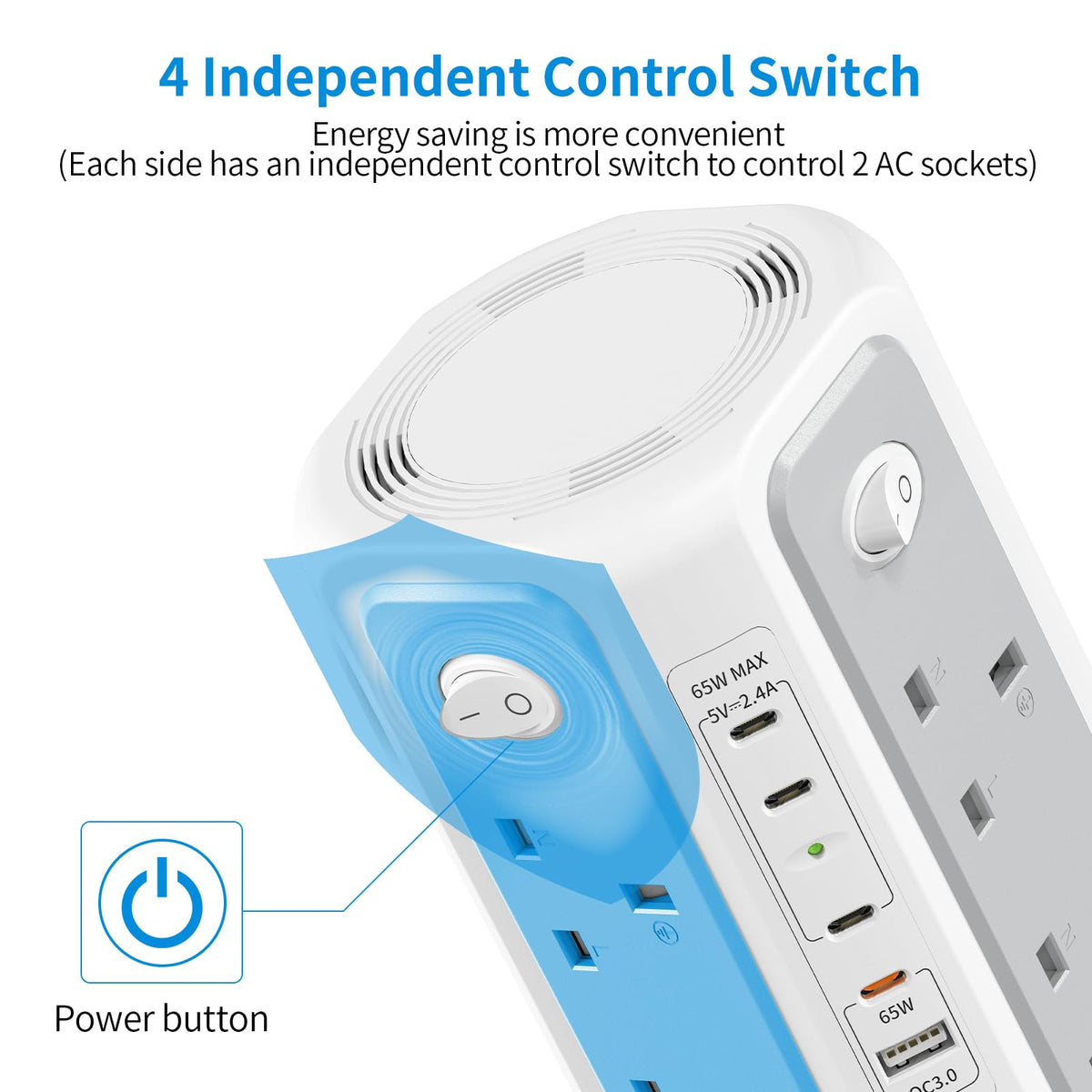 HAFINO Tower Extension Lead 3M with USB Slots and Night Light, 4 Switches