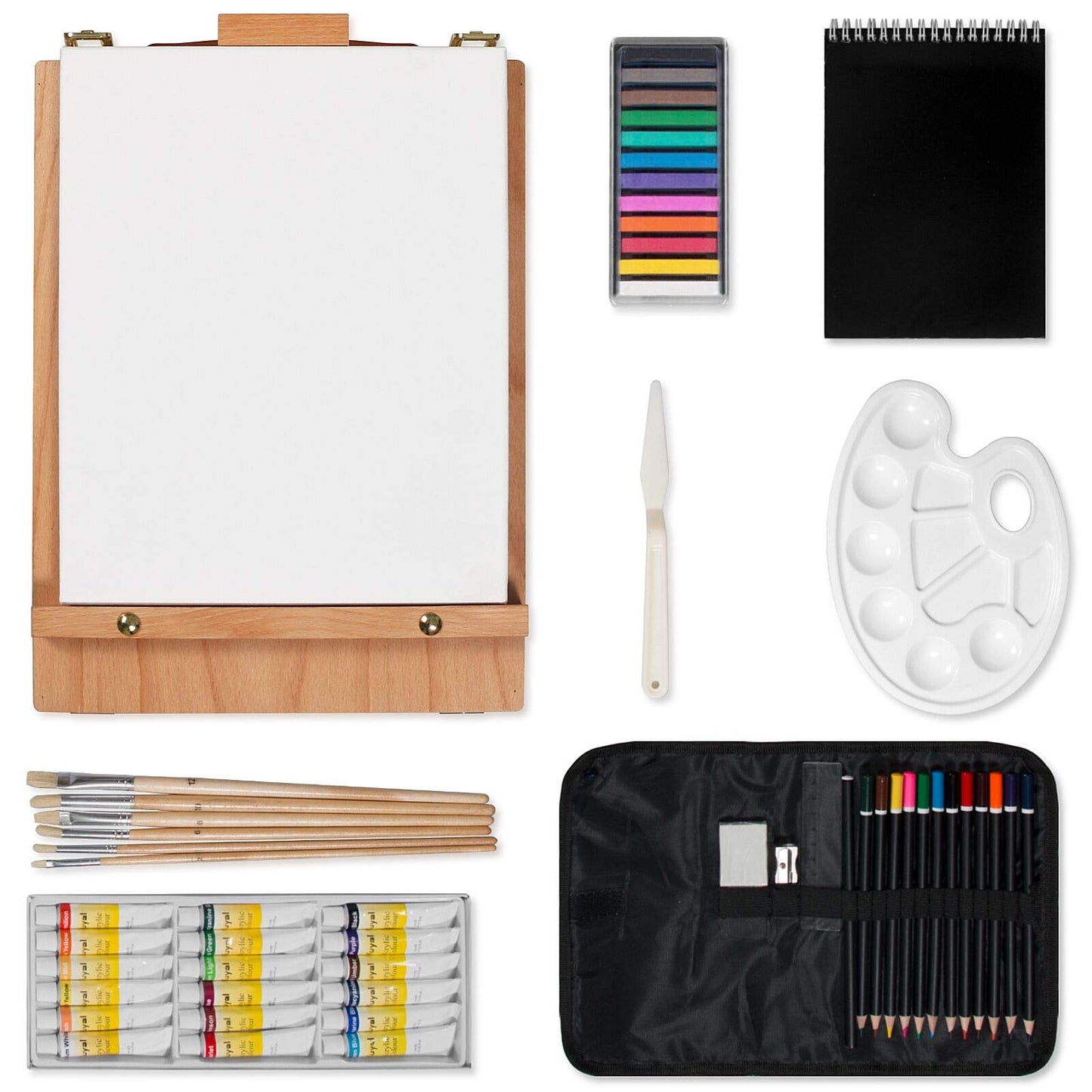 Kuyal Wood Box Easel Artists Painting Set with 18 Acrylic Oil Paint Colors, 12 Color Pencil, 6 Artist Brushes, 1 Stretched Canvas, 12 Soft Pastels, Art Table Easel with Supplies