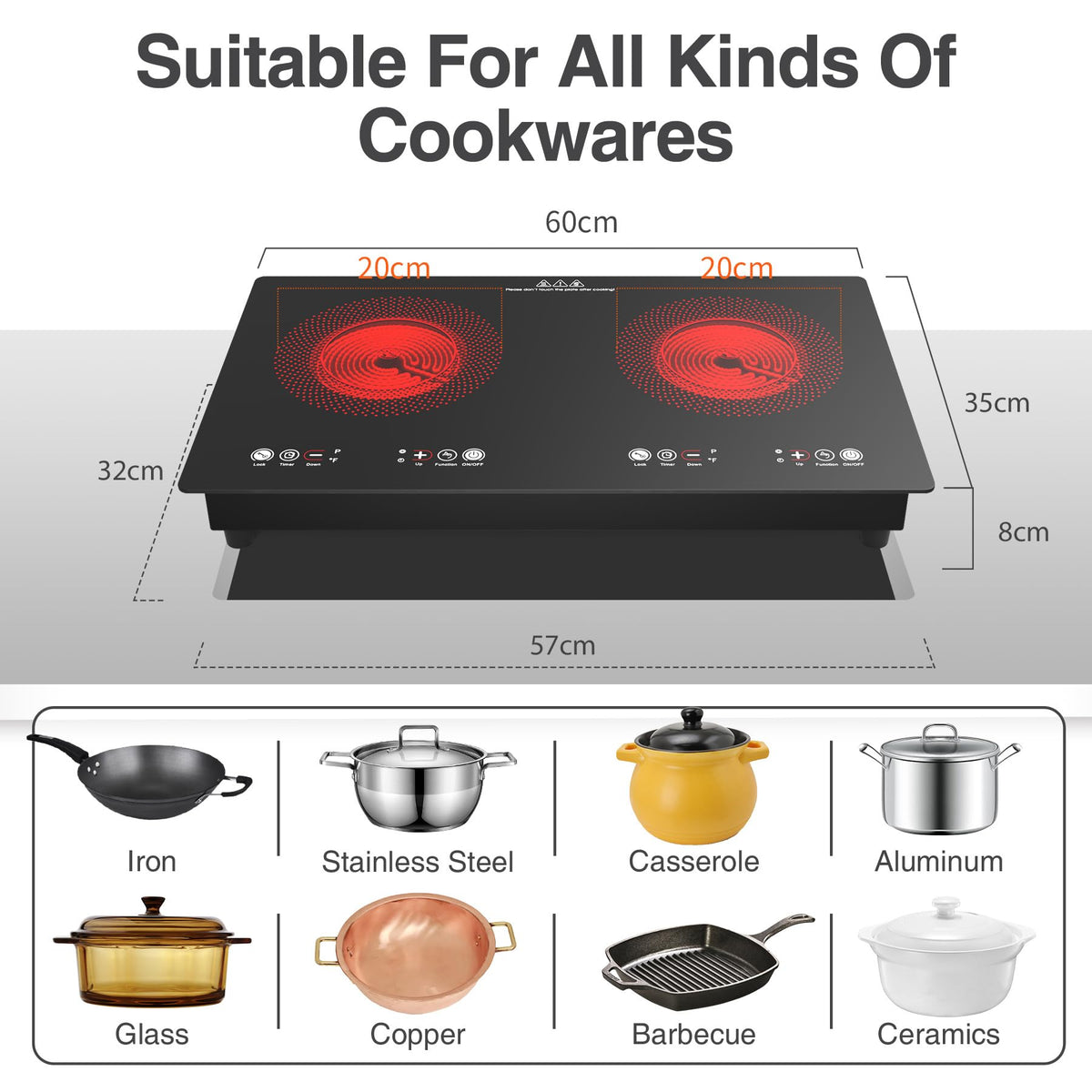 VBGK Double Induction Hob,220V 3600W 2 Ring Induction Hob with Knob Control,9 Power Levels, Kids Lock & Timer,LED Touch Control,Overheat Protection