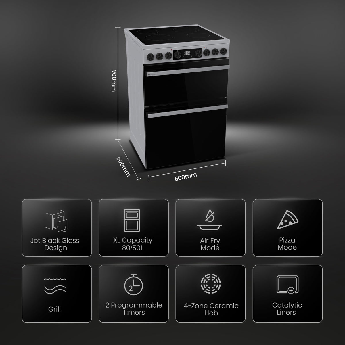 Hisense HDUKC60W 60cm Electric Cooker with Ceramic Hob-White, A Rated Double Oven 50L/80L [Energy Class A]