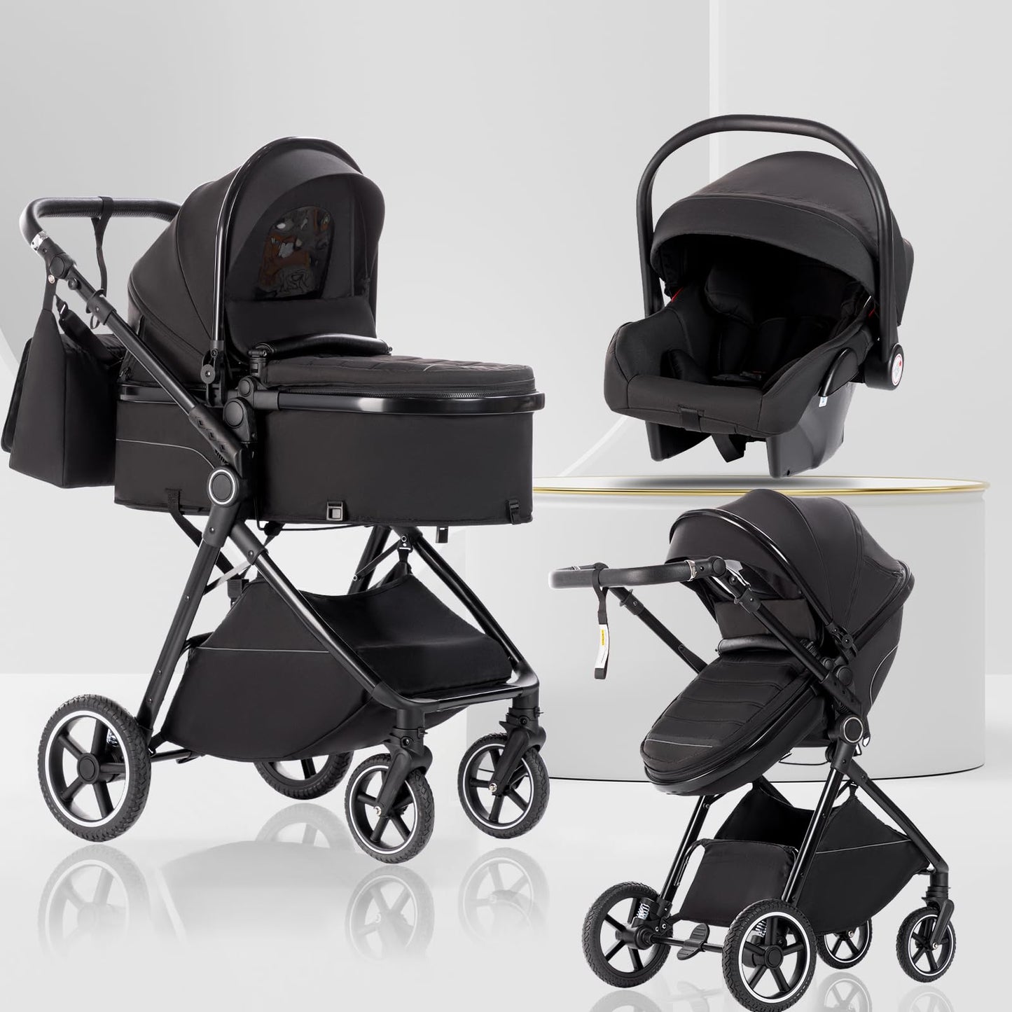 Baby Stroller 3 in 1,Travel Pushchair's Lie-Flat Pram is Foldable, Stroller System Handle is Adjustable, The Wheels are Made of PU Material, Suitable for 0-3 Years-Khaki