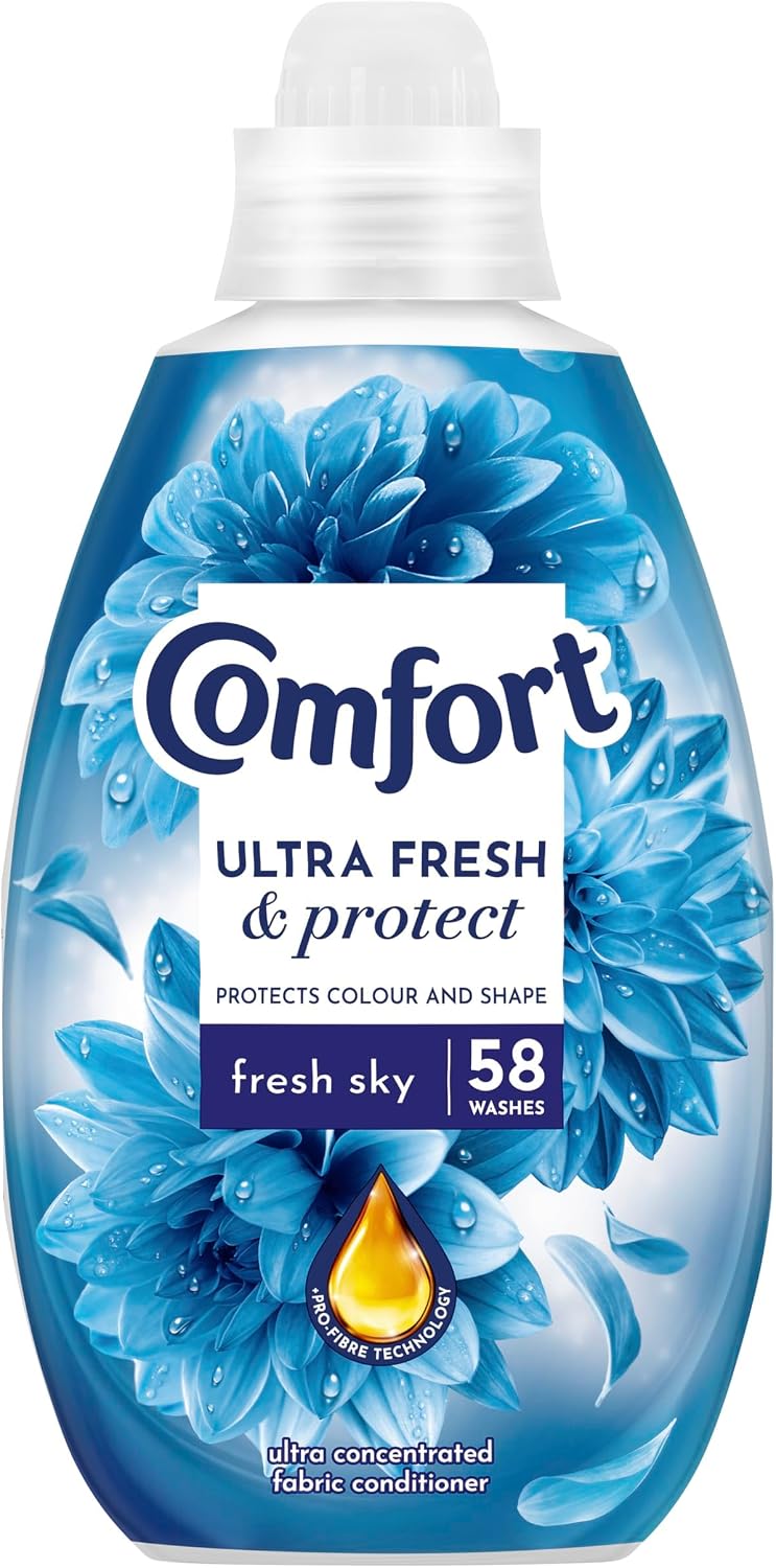 Comfort Ultra Fresh Fabric Conditioner Fresh Sky, 58 Washes (870 ml) – Infused with Essential Oils, Long-Lasting Fragrance