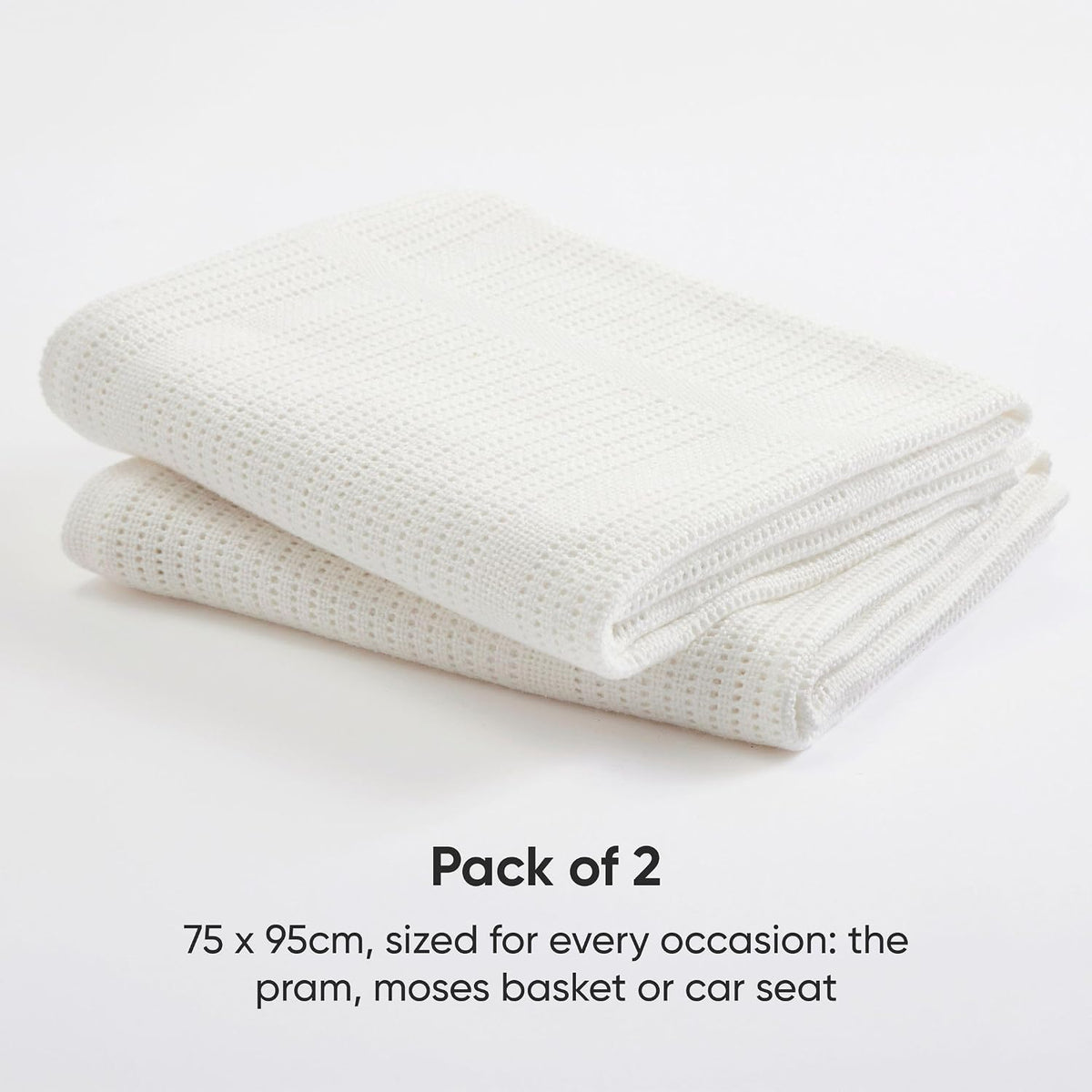 Bloomsbury Mill - Cellular Blankets Baby - 100% Organic Cotton - 2 Pack - Cloud - White - Newborn Essentials - Soft Breathable Baby Blankets for Pram, Cot, Moses Basket - 75x95cm